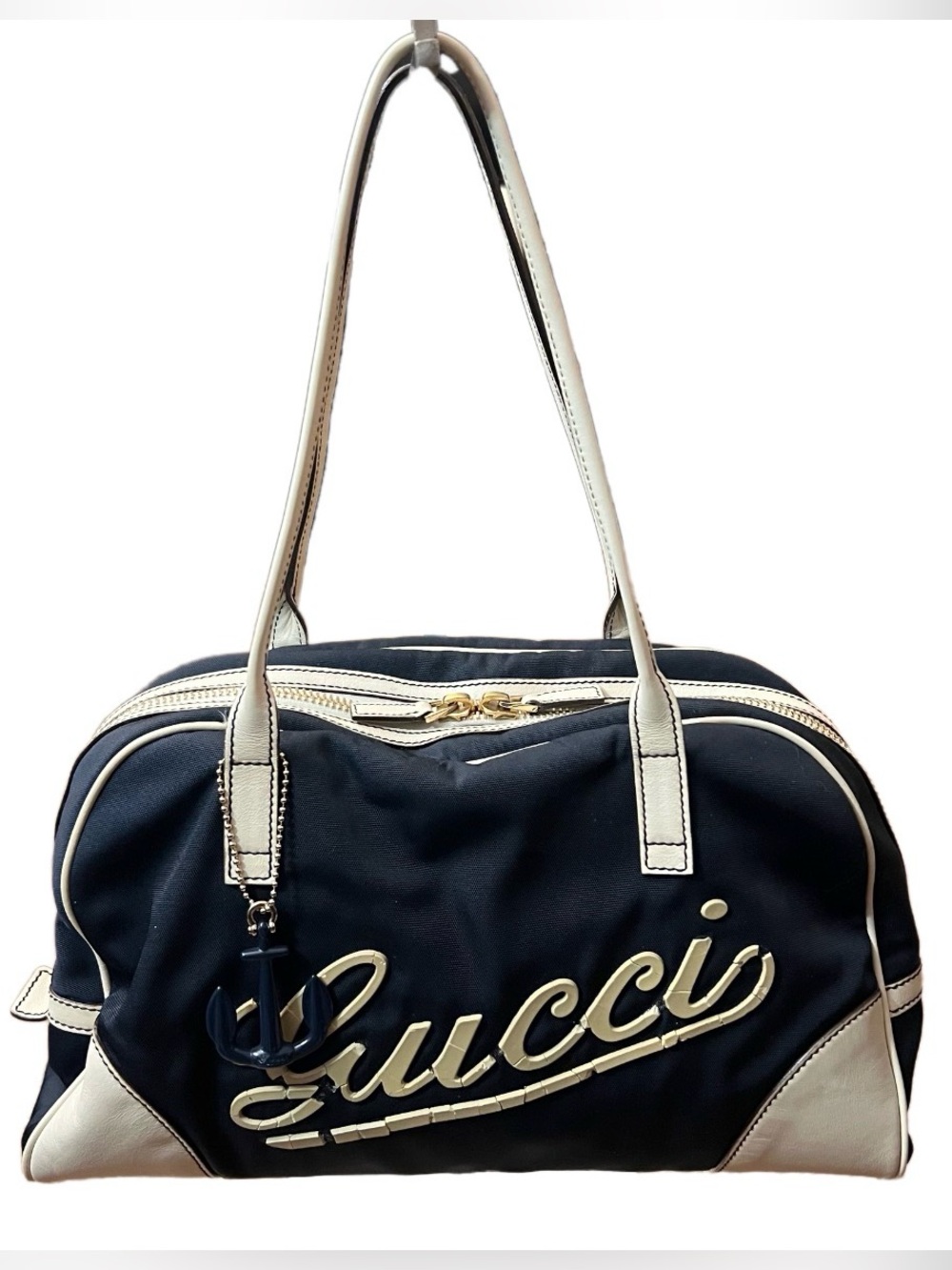 Gucci Navy Boulevard Boston Bag Vintage - Cracked Script Logo - Authentic